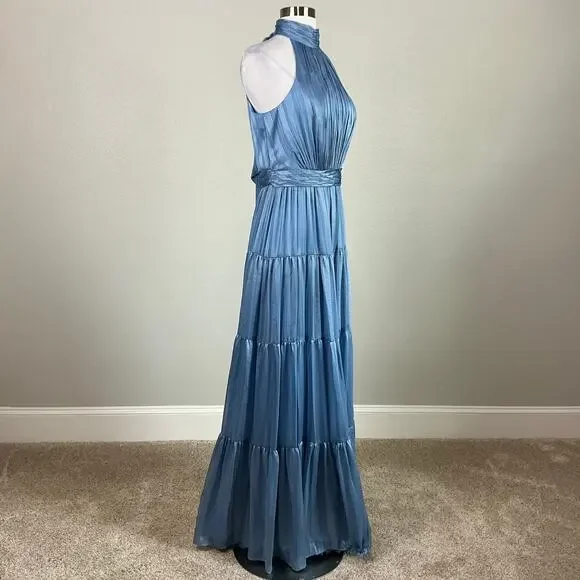 Mac Duggal 70168 Metallic Halter Long A-Line Evening Gown Blue Size 10 Dress - Picture 3 of 11